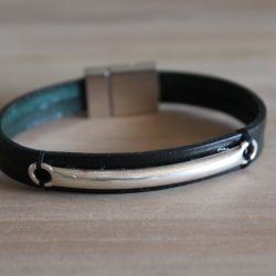 Bracelet ACKO Noir Homme, cuir et barre argenté
