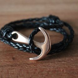 Bracelet MATHO Noir et Or rose, ancre et cordage en simili cuir
