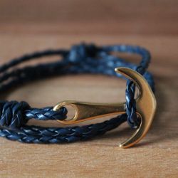 Bracelet MATHO Homme Bleu et Or, ancre et cordage en simili cuir